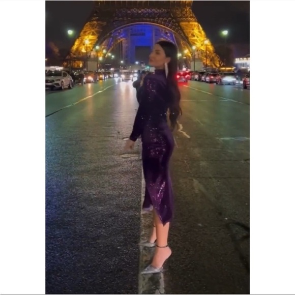 ZARA Velvet Sequins Ruched Midi Dress Back Keyhole Asymmetric Bodycon XS NWT - Picture 6 of 7